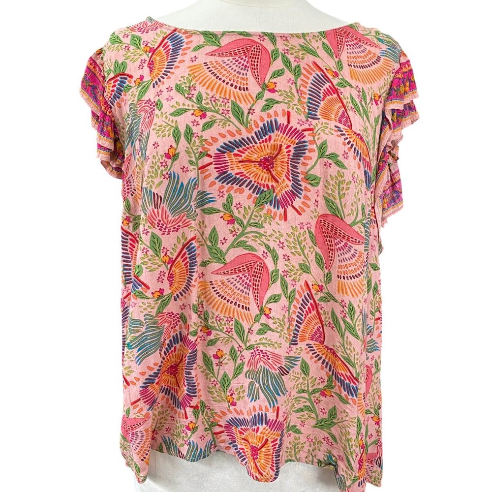 Cynthia Rowley Bird of Paradise Floral Top Pink Peach Boho Tropical Vacation-XL